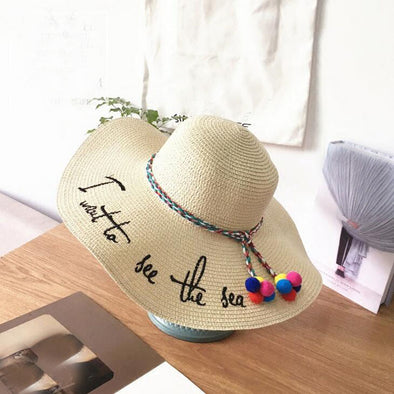 See The Sea White Brim Hat With Rainbow Pom Pom